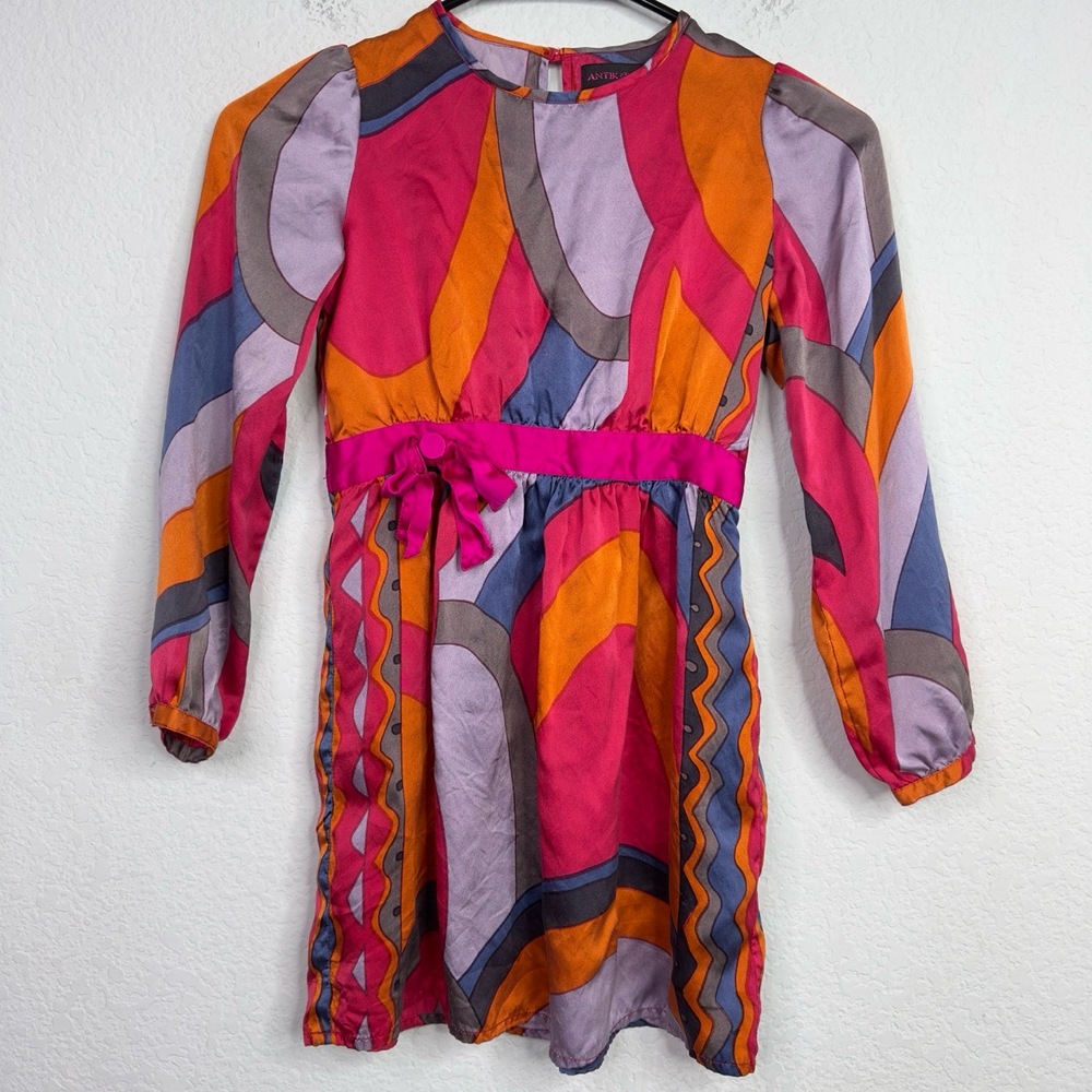 Antik Batik Dress Girls 8Y Colorful Silk Geometric Long Sleeve Psychedelic Retro
